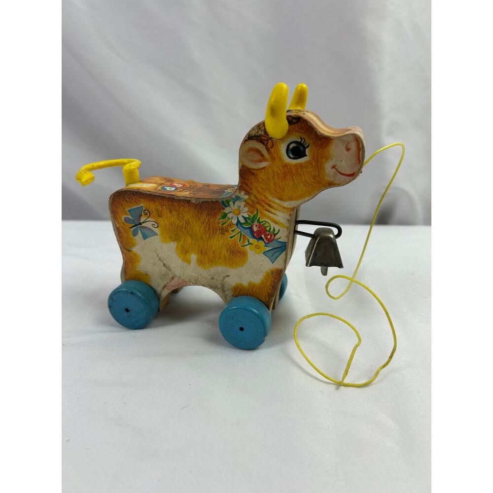 Fisher Price Bossy Bell Cow Pull Toy #656 Wooden Vintage 1960s USA